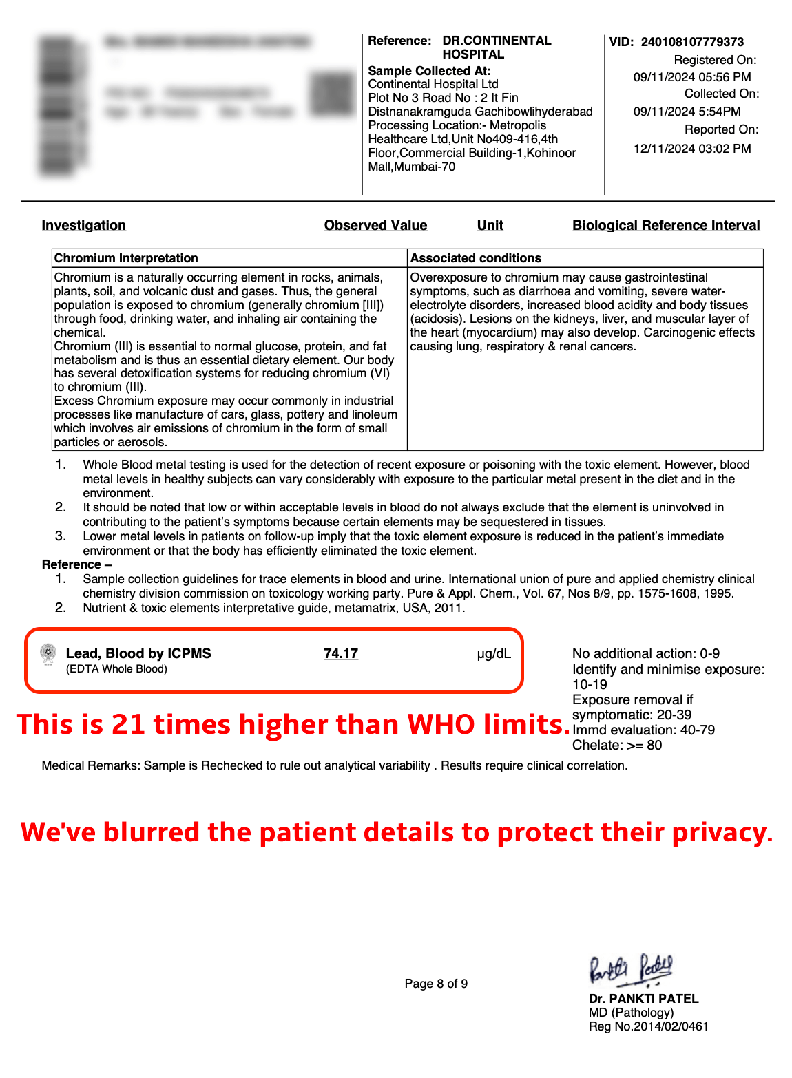 Original ICPMS lab report issued by Metropolis Healthcare Ltd on behalf of Continental Hospitals, Hyderabad. Sample collected 09 November 2024 at 5:54 PM. Reported 12 November 2024 at 3:02 PM. Investigation: Lead, Blood by ICPMS (EDTA Whole Blood). Observed value: 74.17 µg/dL - twenty-one times the WHO and CDC adult action level. Biological reference interval printed on the report: 0–9 No additional action; 10–19 Identify and minimise exposure; 20–39 Exposure removal if symptomatic; 40–79 Immediate evaluation; greater than or equal to 80 Chelate. Medical remarks: Sample is rechecked to rule out analytical variability. Results require clinical correlation. Signed by Dr. Pankti Patel, MD (Pathology), Reg. No. 2014/02/0461. Patient identifying details have been blurred for privacy.